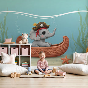 Pirate elephant underwater mural wallpaper in modern nursery setting by Kids-Mundo