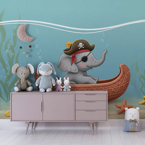 Ocean-themed pirate elephant wallpaper transforming children's playroom space