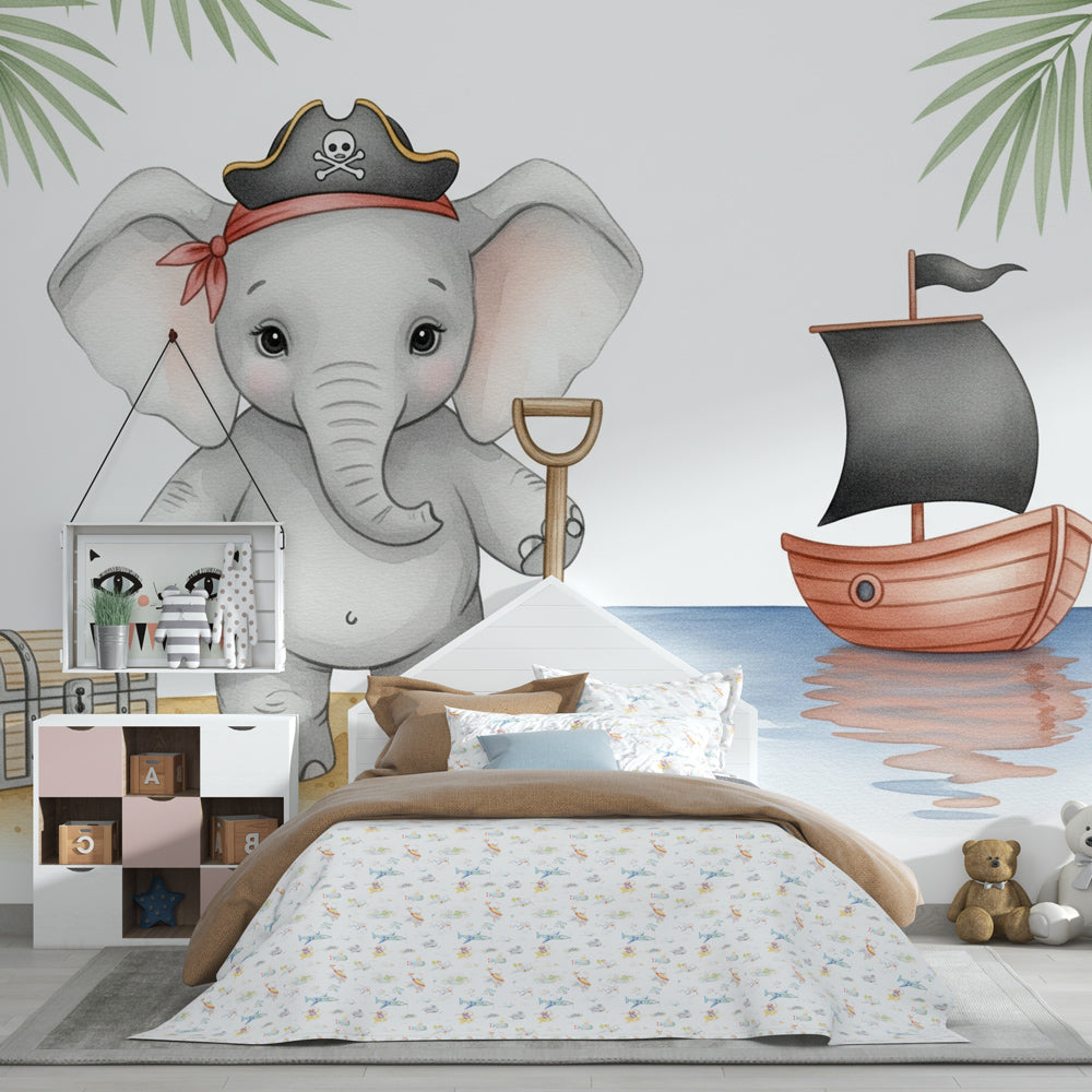 Tropical pirate elephant mural wallpaper transforming toddler bedroom into adventure paradise