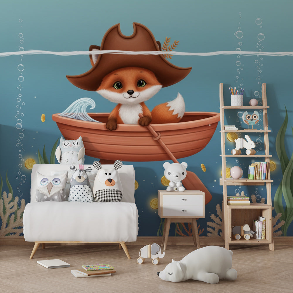 Underwater pirate fox wallpaper transforming children's bedroom into ocean adventure space