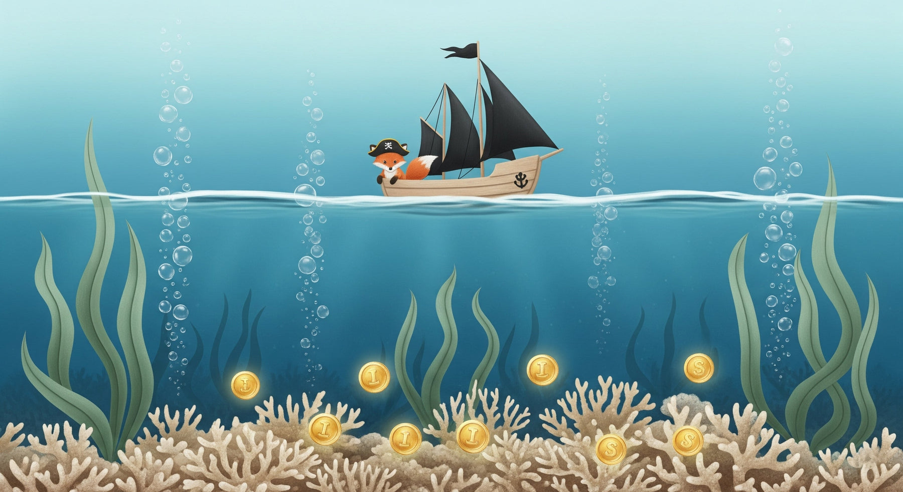 Detailed pirate fox underwater adventure mural wallpaper design pattern with coral and treasures by Kids-Mundo
