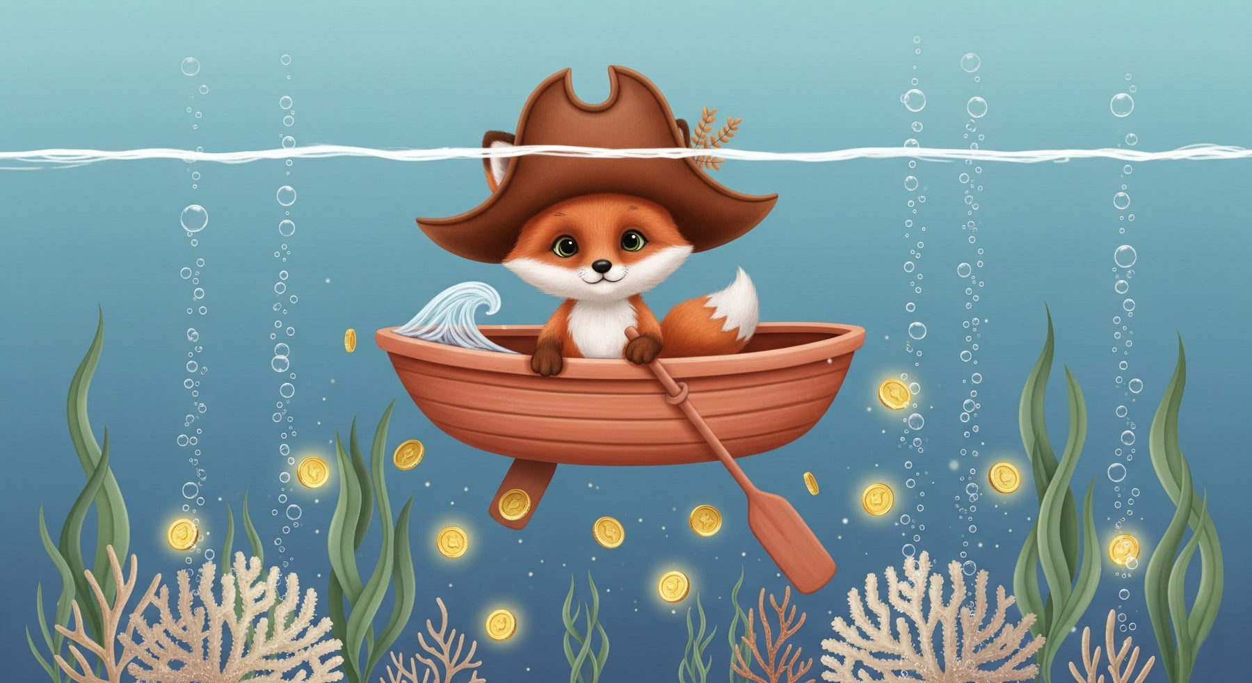 Detailed pirate fox underwater mural wallpaper design pattern with treasures and corals by Kids-Mundo