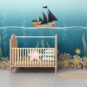 Underwater pirate fox mural wallpaper creating adventurous kids bedroom decor with blue ocean themes