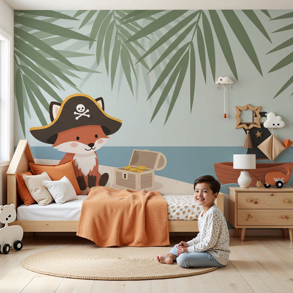 Pirate fox mural wallpaper creating tropical adventure theme in modern nursery by Kids-Mundo