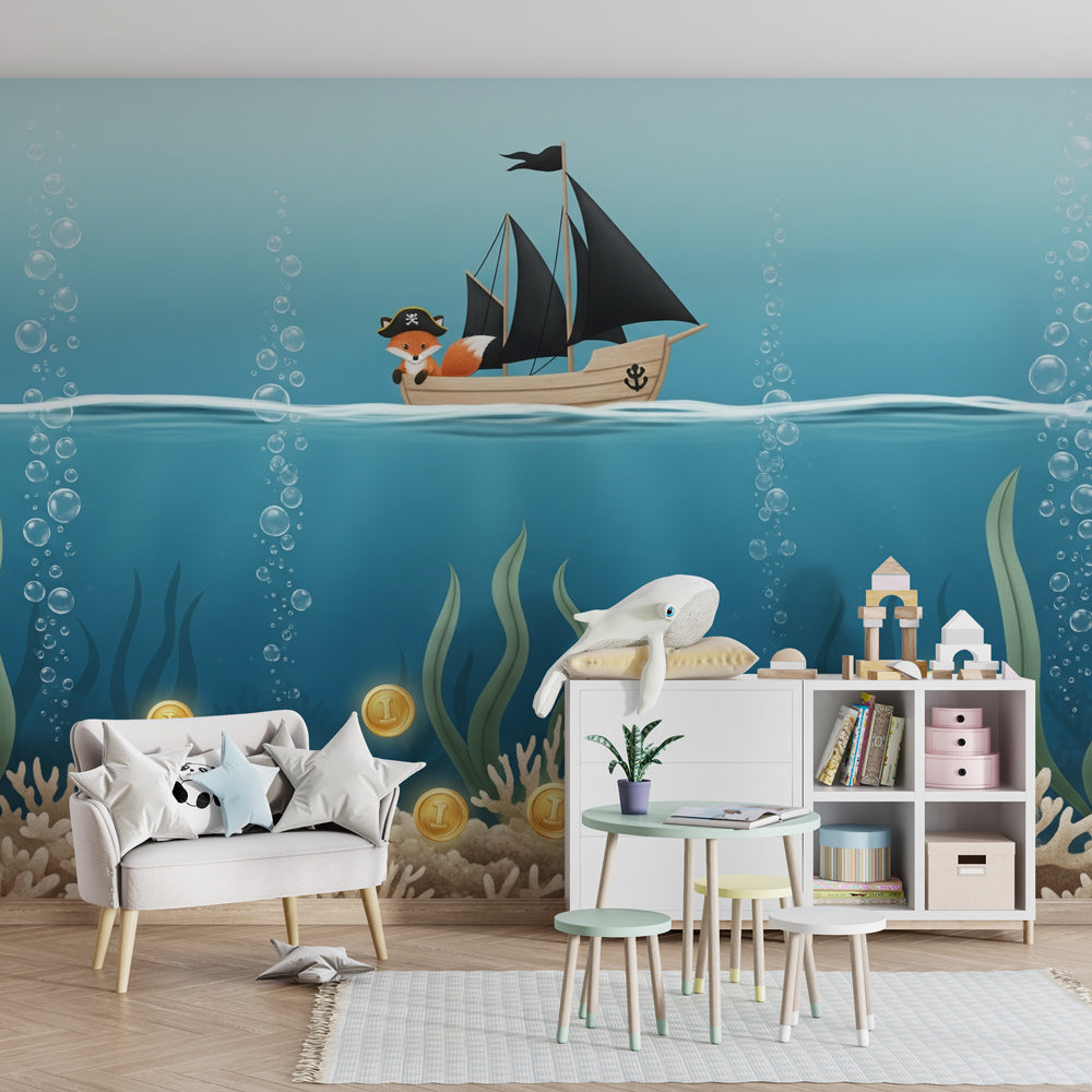 Marine adventure fox pirate mural wallpaper transforming children's playroom into underwater world