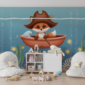 Ocean adventure mural wallpaper with pirate fox boat creating enchanting playroom atmosphere