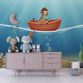 Ocean adventure mural wallpaper creating magical kids bedroom with pirate giraffe design