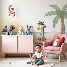 Pirate giraffe mural wallpaper in modern nursery with ocean adventure theme by Kids-Mundo