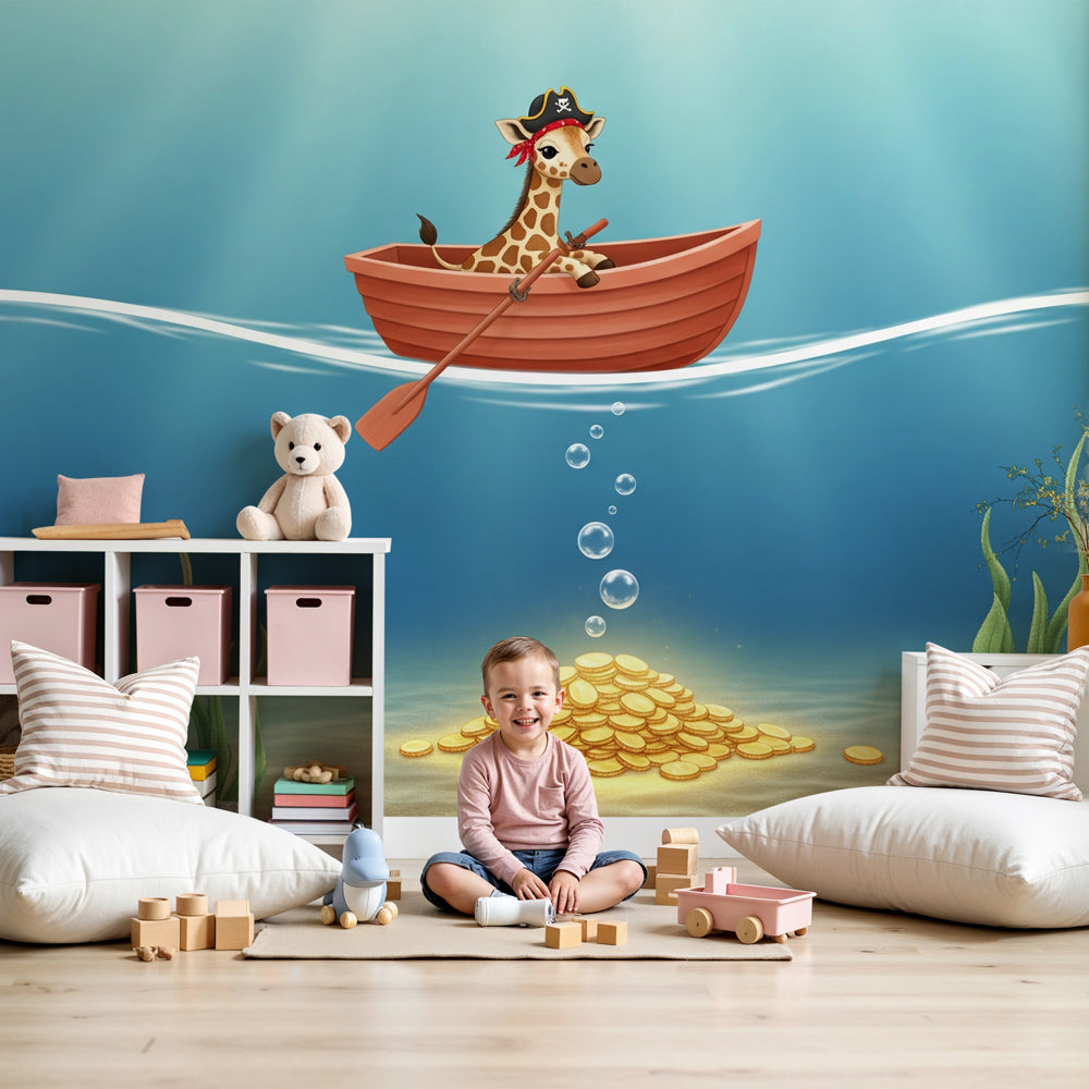 Pirate giraffe mural wallpaper in modern nursery room with underwater treasure theme by Kids-Mundo