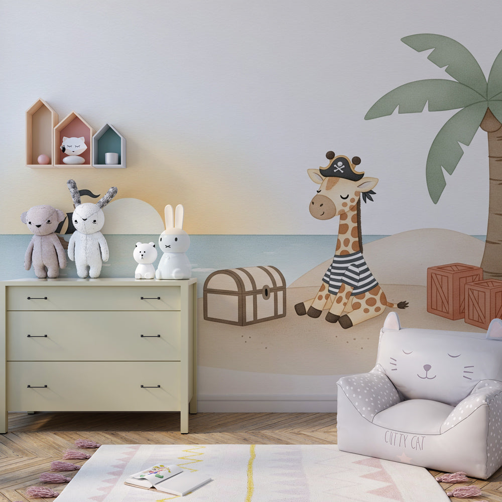 Made-to-measure Kids-Mundo pirate giraffe wall mural adding island adventure to a playroom wall.