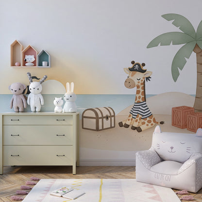 Made-to-measure Kids-Mundo pirate giraffe wall mural adding island adventure to a playroom wall.