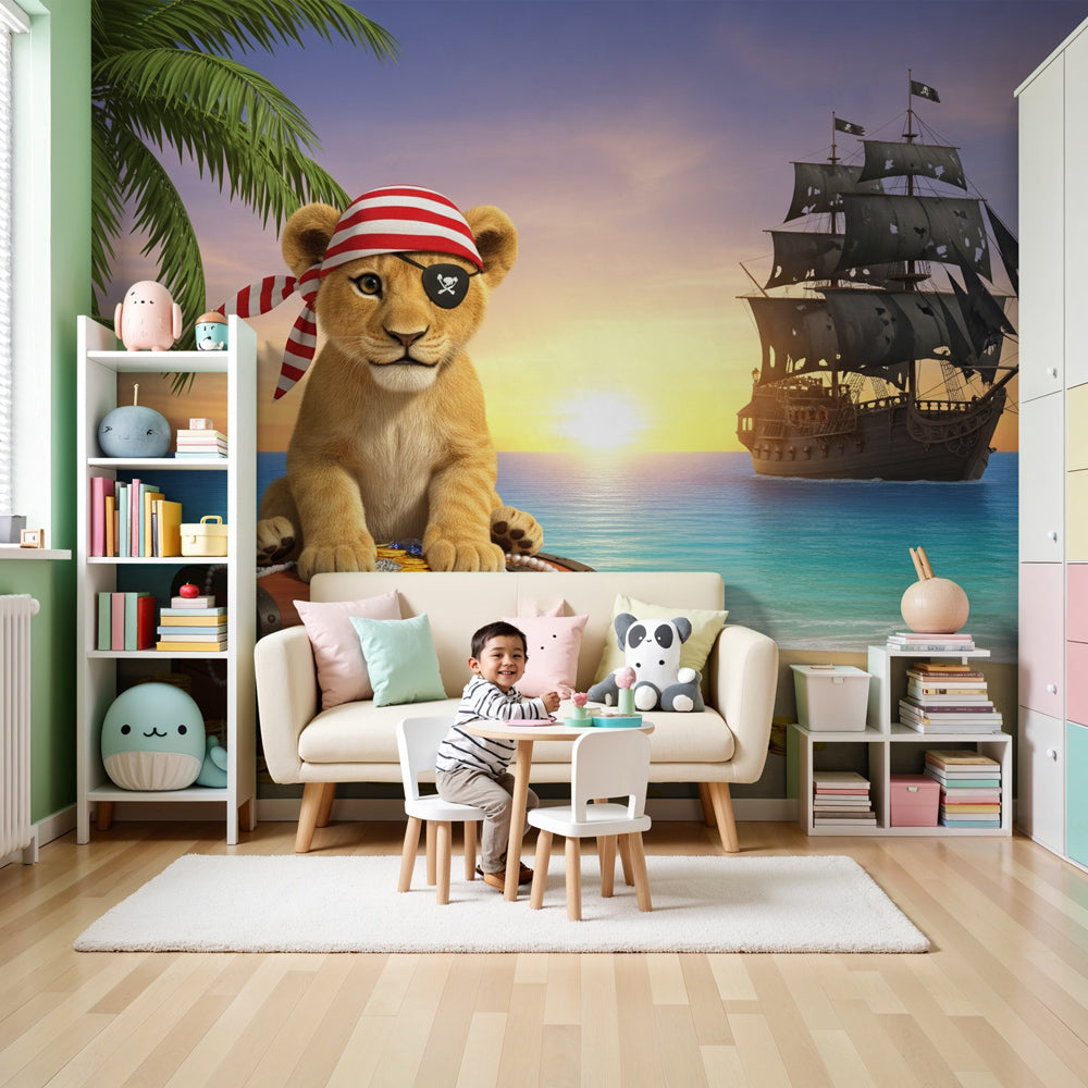 Pirate lion mural wallpaper in modern boys bedroom with treasure island adventure theme by Kids-Mundo