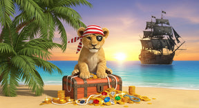 Detailed pirate lion treasure island mural wallpaper design pattern showing beach scene by Kids-Mundo