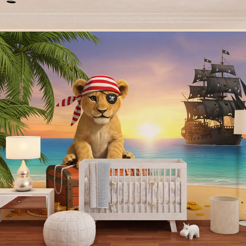 Treasure island wallpaper transforming nursery into adventurous pirate den with warm sunset colors