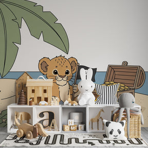 Treasure island lion pirate wallpaper creating adventurous nursery atmosphere with tropical elements