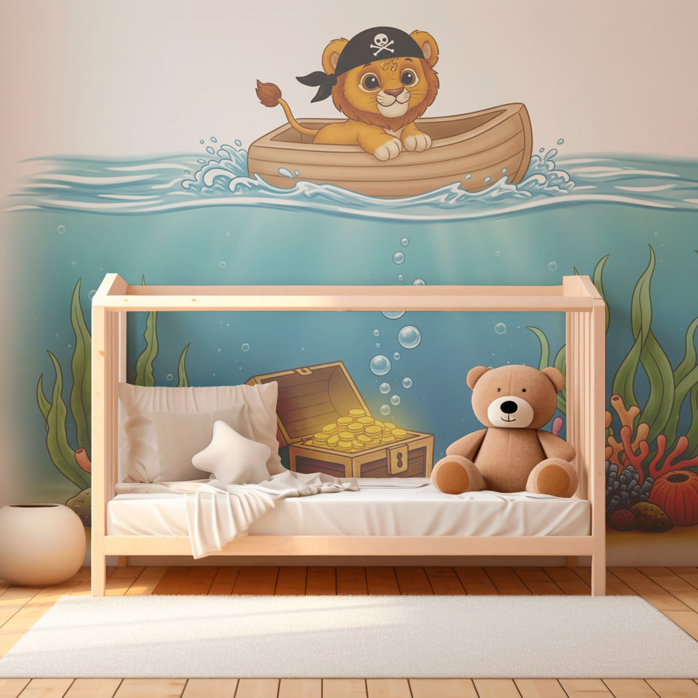 Ocean themed pirate wallpaper creating magical underwater atmosphere in kids playroom