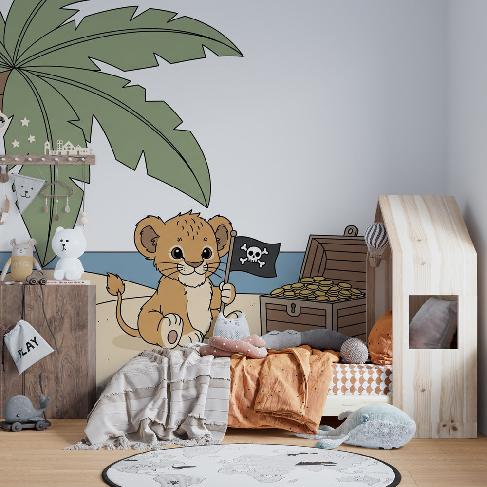 Adventure themed playroom featuring pirate lion mural wallpaper with palm trees and pirate ship