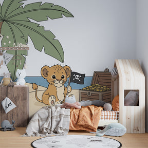 Adventure themed playroom featuring pirate lion mural wallpaper with palm trees and pirate ship