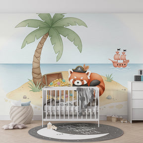 Red panda pirate wallpaper transforming kids bedroom into tropical adventure space with palm trees