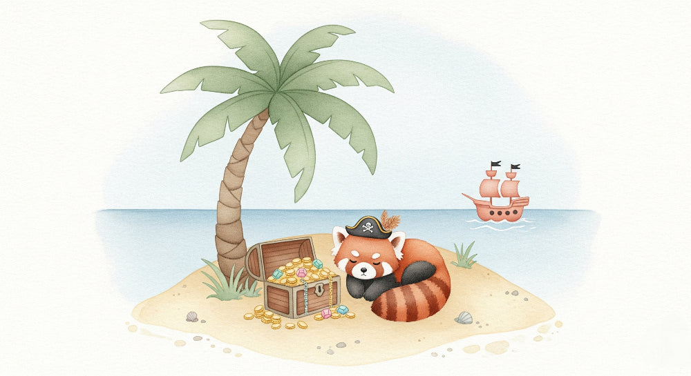 Detailed pirate red panda mural wallpaper design pattern with treasure chest and tropical beach scene