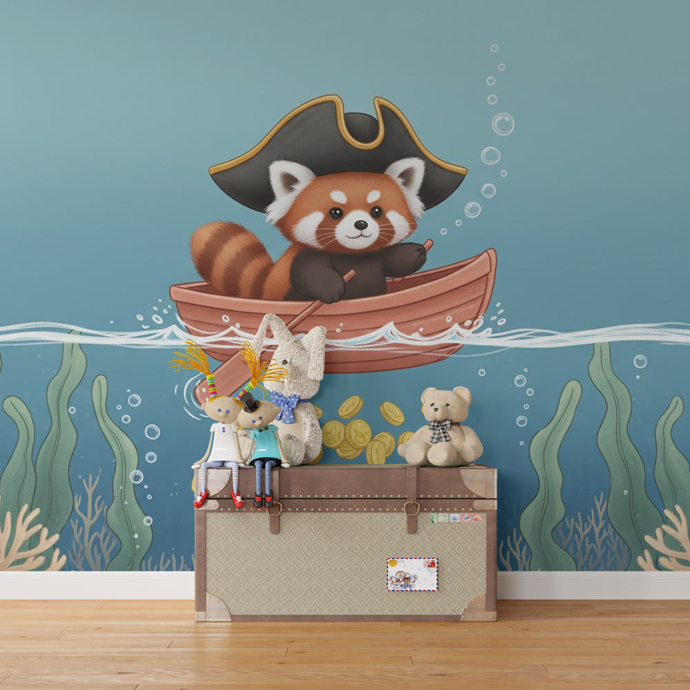 Red panda pirate wallpaper creating underwater adventure theme in children's bedroom