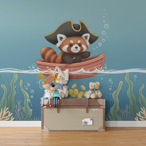 Red panda pirate wallpaper creating underwater adventure theme in children's bedroom