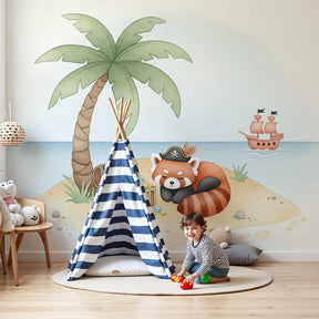 Pirate red panda mural wallpaper creating magical nursery decor with treasure island theme by Kids-Mundo
