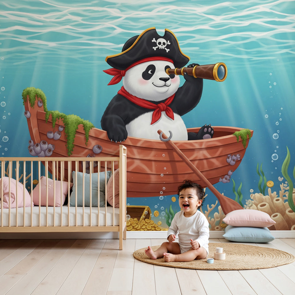 Pirate panda mural wallpaper in modern nursery with underwater treasure theme by Kids-Mundo