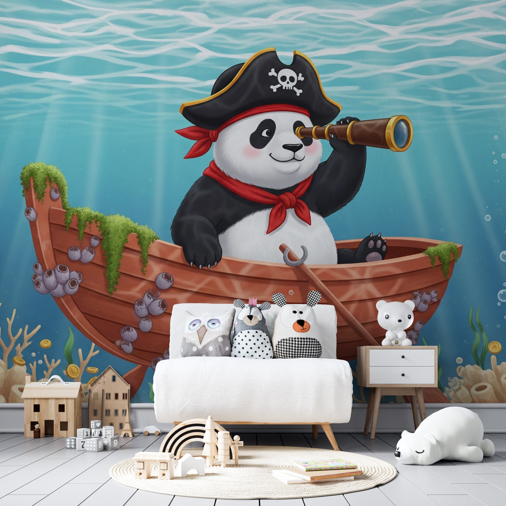Underwater themed pirate panda wallpaper creating magical playroom atmosphere for kids