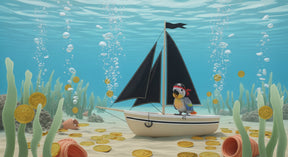 Detailed pirate parrot underwater treasure mural wallpaper design pattern with bubbles and gold coins by Kids-Mundo