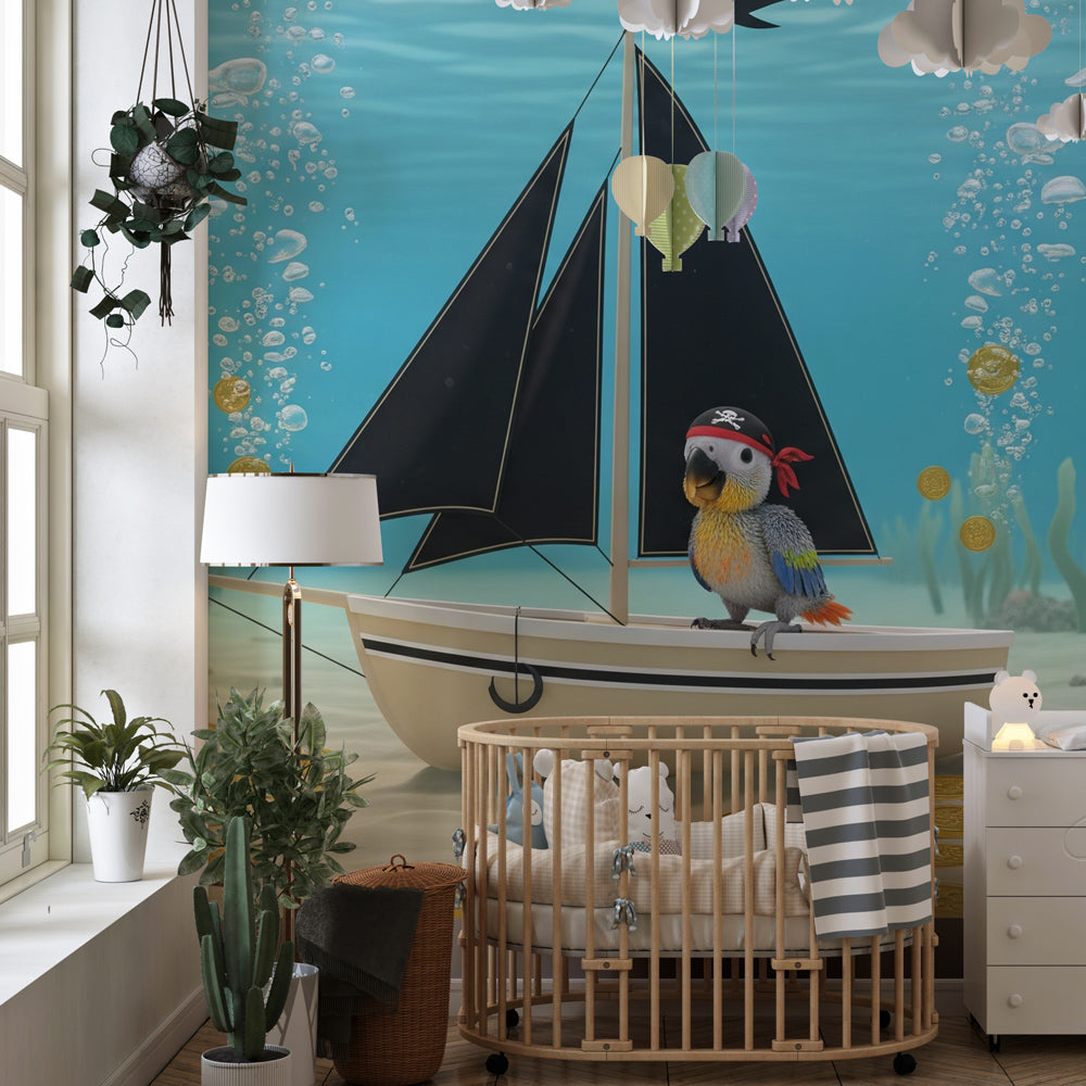 Ocean adventure pirate parrot wallpaper transforming children's playroom into underwater treasure world