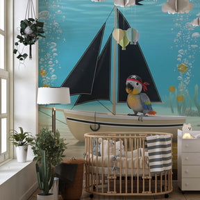 Ocean adventure pirate parrot wallpaper transforming children's playroom into underwater treasure world