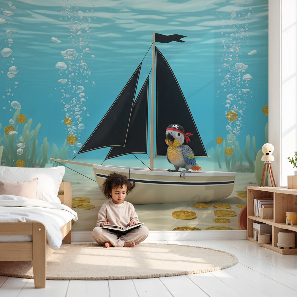 Pirate parrot underwater adventure mural wallpaper in modern children's bedroom by Kids-Mundo
