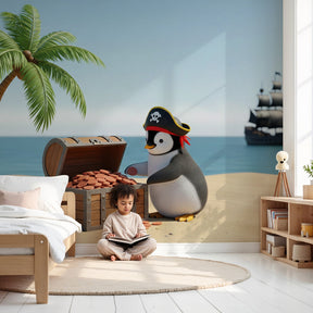 Pirate penguin mural wallpaper in bright kids bedroom with tropical beach adventure theme by Kids-Mundo