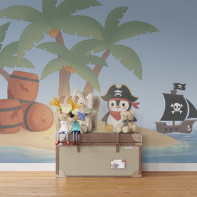 Tropical pirate adventure wallpaper transforming kids bedroom with penguin character and palm trees