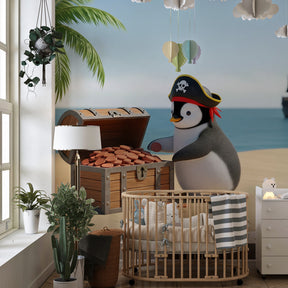 Children's pirate penguin mural wallpaper transforming playroom into tropical treasure island adventure