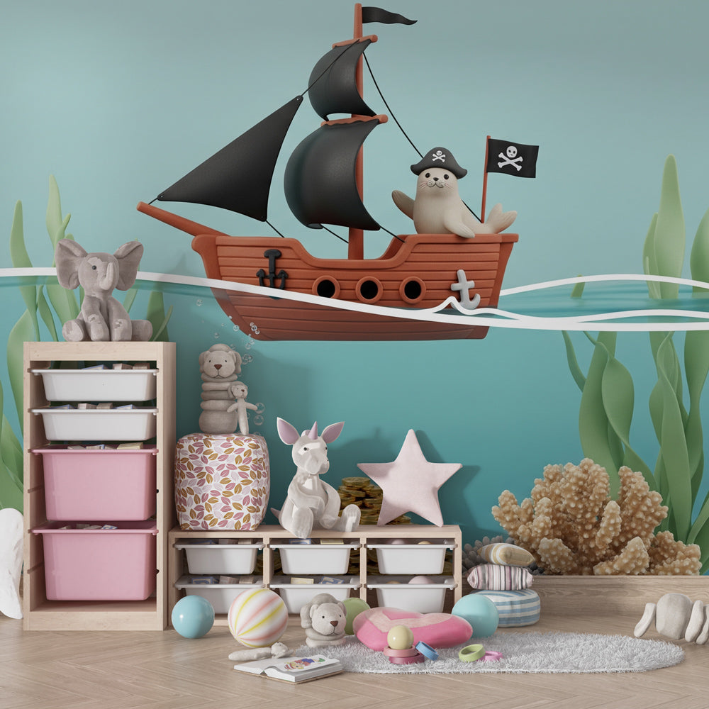 Marine adventure mural wallpaper with pirate seal in colorful children's playroom