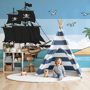 Pirate ship mural wallpaper creating an adventurous kids bedroom with ocean theme by Kids-Mundo