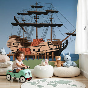 Pirate ship mural wallpaper in modern kids bedroom with nautical decor by Kids-Mundo
