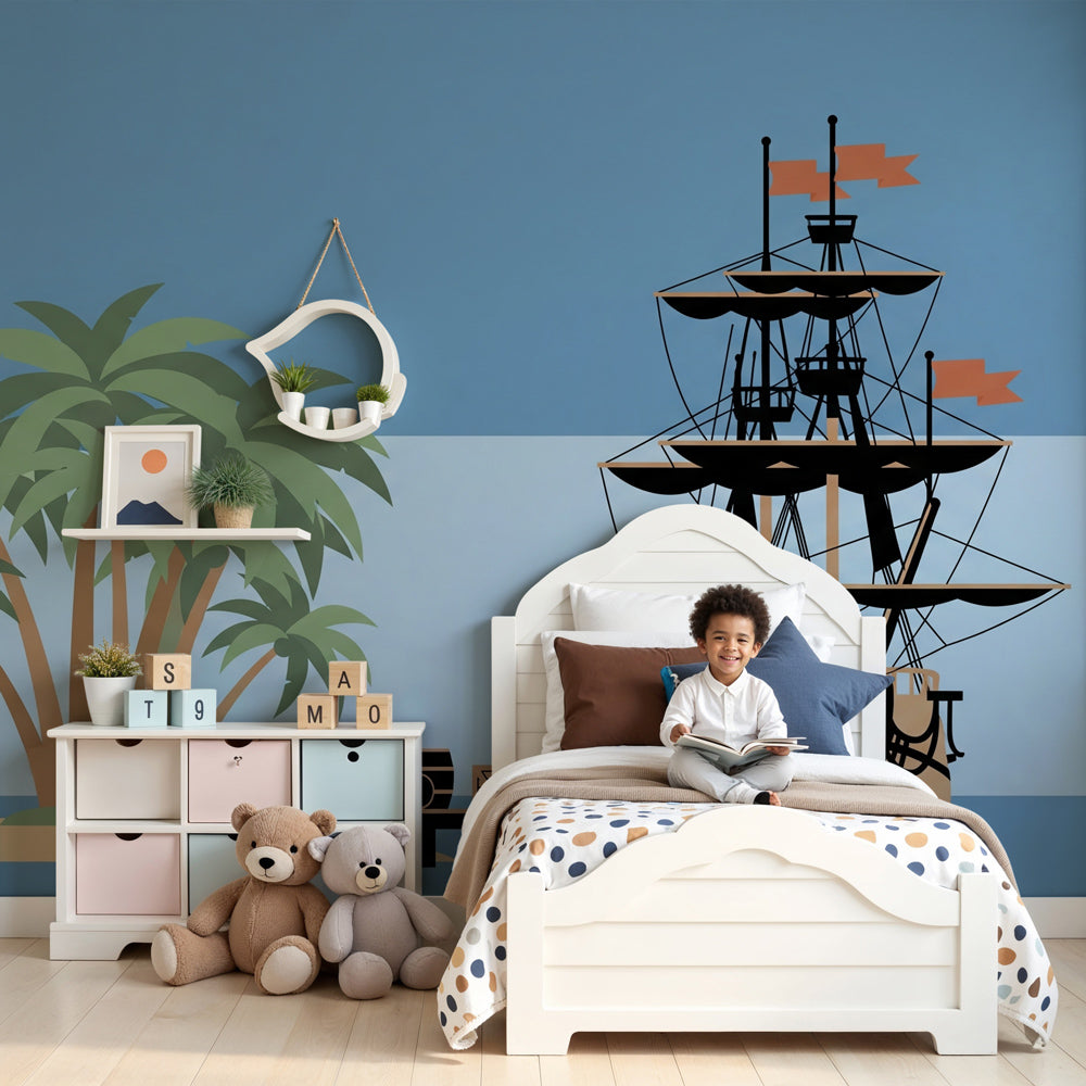 Pirate ship mural wallpaper creating adventurous maritime themed kids bedroom by Kids-Mundo