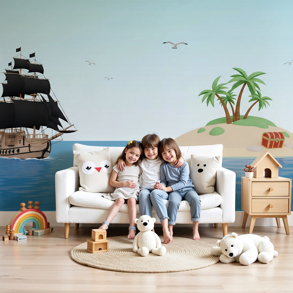 Pirate ship mural wallpaper creating adventurous boys bedroom decor with treasure island theme by Kids-Mundo