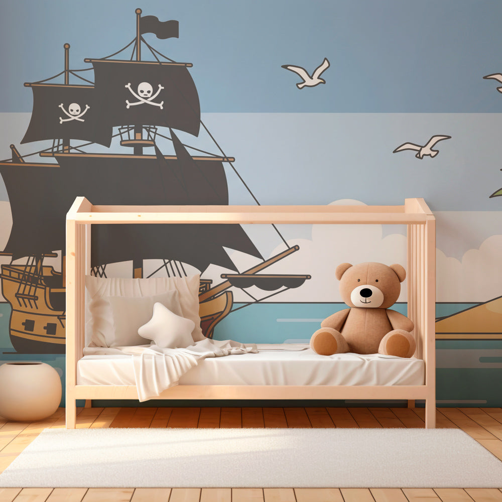 Ocean adventure mural wallpaper for nursery featuring pirate ship and tropical islands by Kids-Mundo