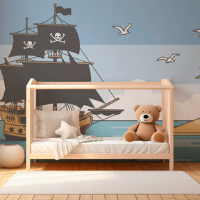Ocean adventure mural wallpaper for nursery featuring pirate ship and tropical islands by Kids-Mundo