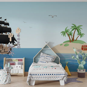 Maritime adventure mural wallpaper transforming nursery into pirate paradise with sailing ship and palm trees