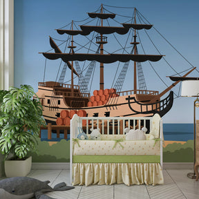 Maritime adventure wallpaper creating pirate themed playroom atmosphere for children