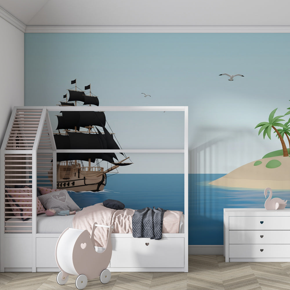 Treasure island pirate wallpaper creating imaginative play space in children's room by Kids-Mundo