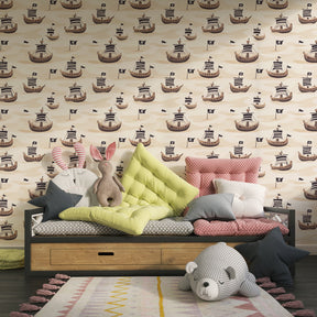 Maritime adventure wallpaper with pirate boats in modern children's bedroom setting