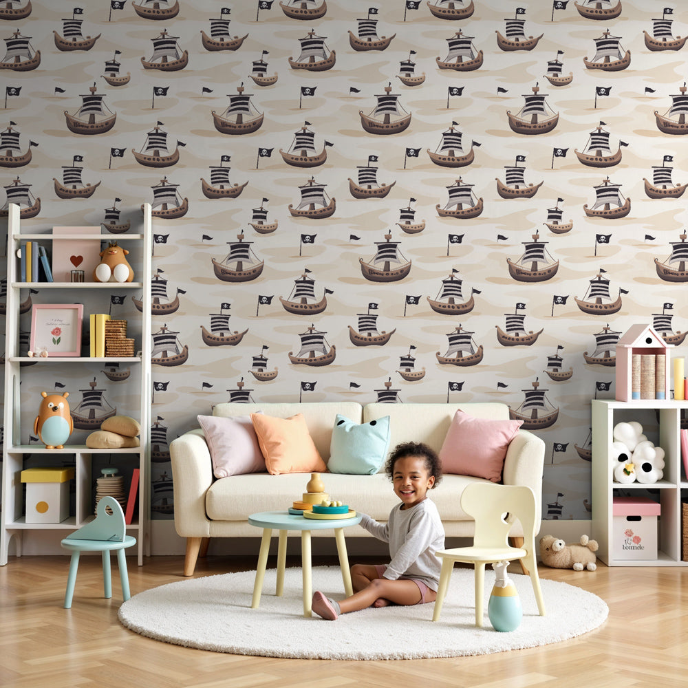 Pirate ships mural wallpaper creating adventure-themed nursery decor by Kids-Mundo