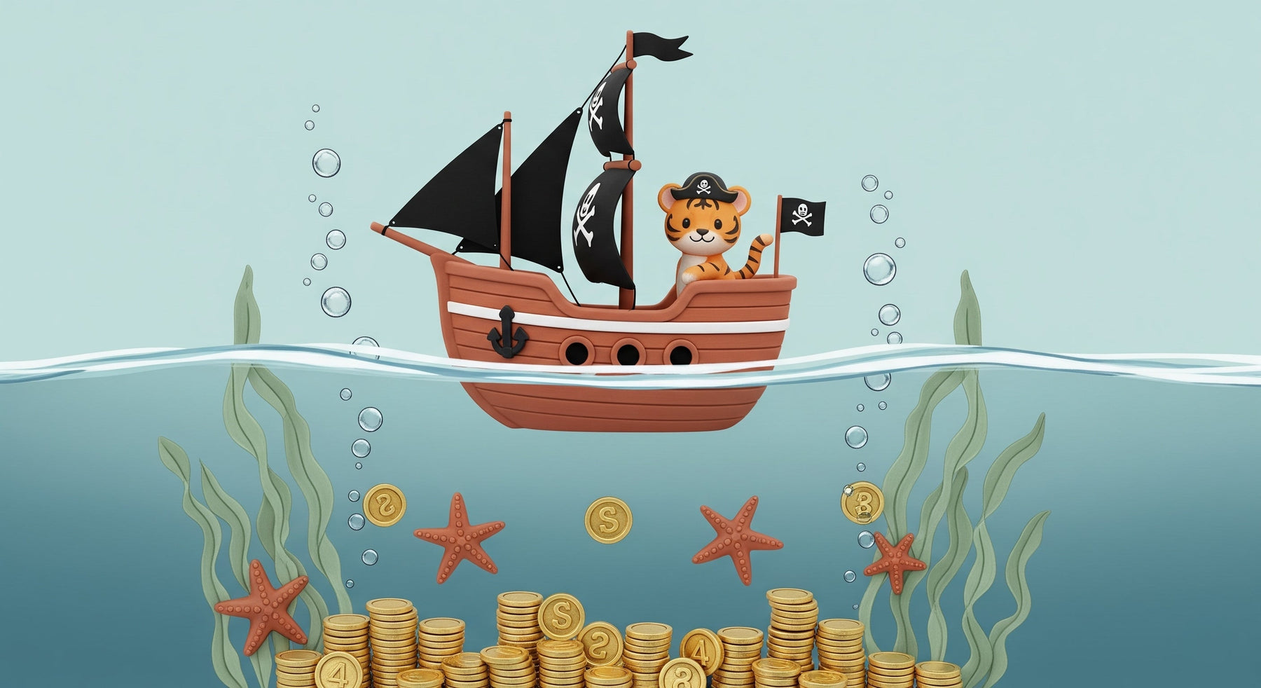 Detailed pirate tiger ocean adventure mural wallpaper design pattern by Kids-Mundo