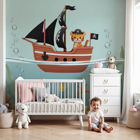 Pirate tiger mural wallpaper in modern nursery with ocean adventure theme by Kids-Mundo